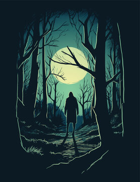 Lone hiker ventures through a serene, moonlit forest with towering trees casting contrasting shadows