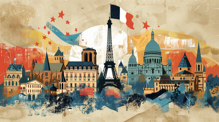 Creative collage featuring famous buildings and sights of France