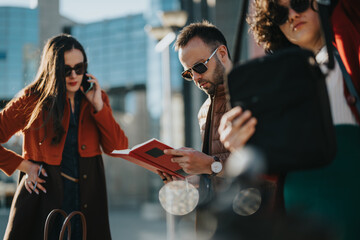 A group of young entrepreneurs convene outdoors in the city for a business meeting to strategize on growth and profitability.