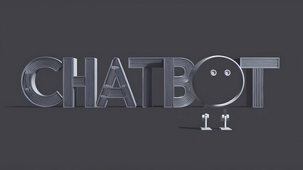 ‘CHATBOT’ large 3D letters, ‘O’ is stylized with robotic eyes and legs design, dark grey background