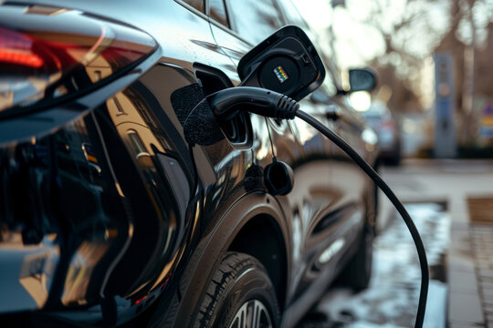 Close-up view, of an Black electric vehicle undergoing charging.