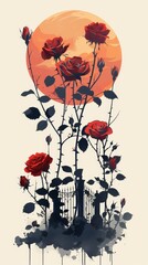 A painting of roses in front of a full moon. Black, red and orange floral flat illustration Black, red and orange floral flat illustration