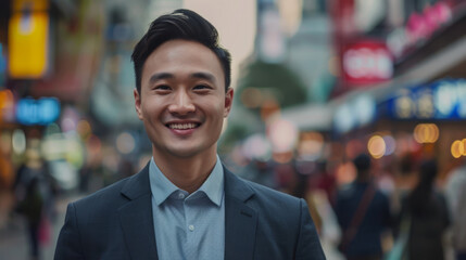 A smiling young Asian businessman in a suit walks along a busy city street, heading to the office. The blurred, bustling street creates a dynamic backdrop.