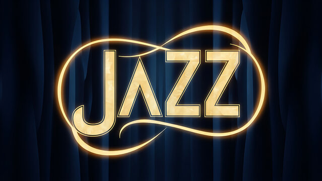 word &ldquo;JAZZ&rdquo;, stylish golden font, elegant light outline, set against rich, dark blue curtain backdrop