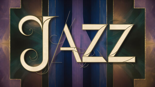 Elegant Art Deco Jazz Text Design, dark hues, vertical lines, classic elegance, energetic vibes of jazz era