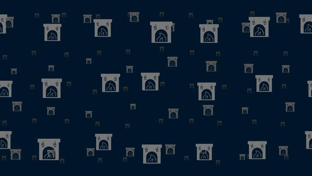 Christmas fireplace symbols float horizontally from left to right. Parallax fly effect. Floating symbols are located randomly. Seamless looped 4k animation on dark blue background
