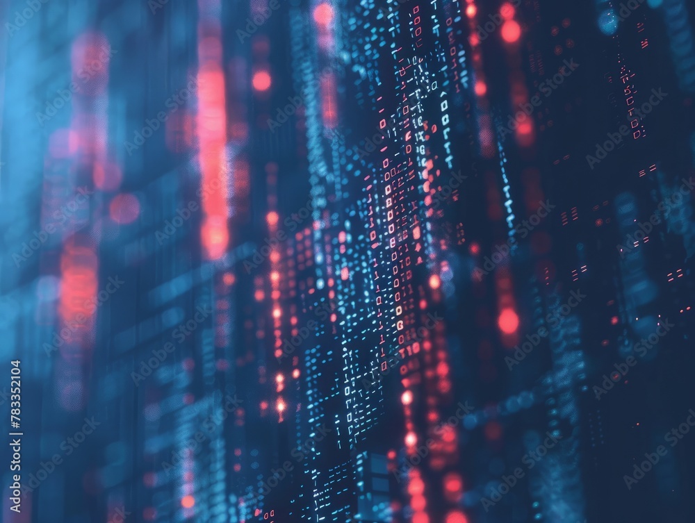Poster abstract minimalistic dark blue and neon background with blurred computer code.