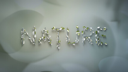 word “NATURE” in elegant, silvery letters placed gently on soft white petals