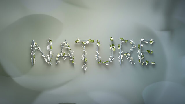 word &ldquo;NATURE&rdquo; in elegant, silvery letters placed gently on soft white petals
