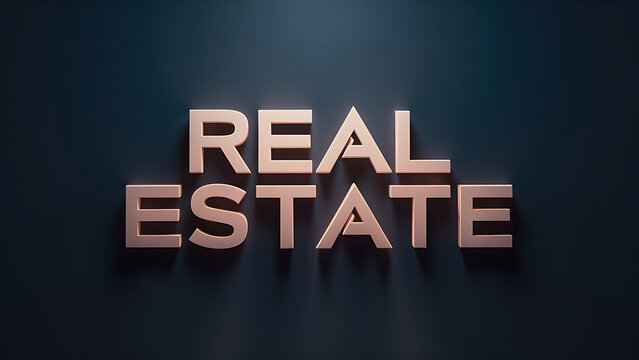 words &ldquo;REAL ESTATE&rdquo; in bold, 3D letters, metallic texture, dark, gradient background, professionalism, luxury, estate business