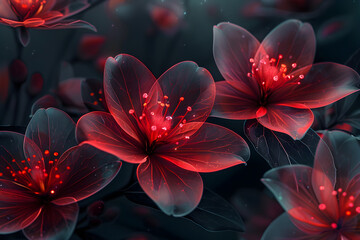 Closeup view of vibrant black and red neon transparent flowers, perfect for nature-themed decoration or festive atmospheres.