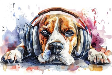 A dog with headphones laying on the ground.