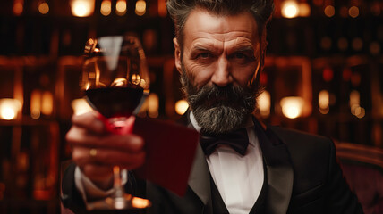 Sommeliers adult male hold glass red wine tasting degustation card, banner wineshop - obrazy, fototapety, plakaty