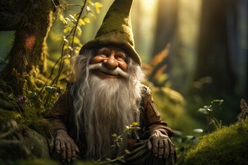 Small forest gnome - guardian of the forest looking at camera and smiling. The fairy-tale character is encountered only by the most daring and responsible visitors to the forest. - obrazy, fototapety, plakaty