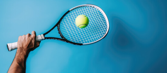 Tennis player is holding racquet and hitting ball on blue background - obrazy, fototapety, plakaty