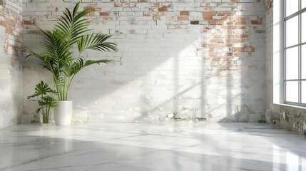 Potted plant in white room with brick wall