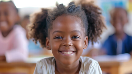 In her classroom, a primary school girl wears a joyful smile, expressing her happiness. - obrazy, fototapety, plakaty