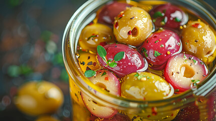   A glass jar brimming with numerous yellow and red candies, topped with delightful sprinkles