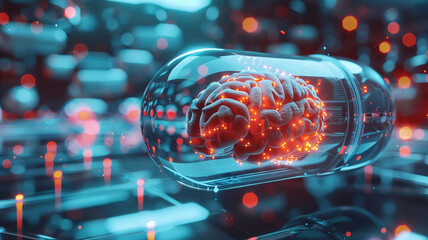 Futuristic Brain in Capsule Illustrating Advanced Neuroscience. Concept pill with AI technology for IQ people.