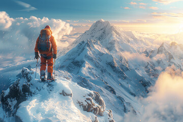 A mountaineer scaling a rugged peak, challenging himself against the elements and experiencing the raw beauty of high-altitude landscapes. Concept of adventure and exploration. Generative Ai. - obrazy, fototapety, plakaty