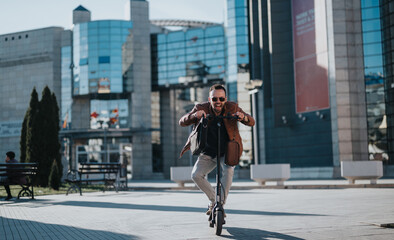 A dynamic image of a businessperson commuting on a scooter against a backdrop of sleek city...