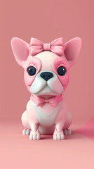 Minimalistic 3D vector art of a French Bulldog with a bow, pastel color palette, simple background,