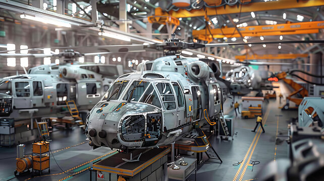 Industrial Hangar Facility with Helicopters Under Maintenance and Assembly