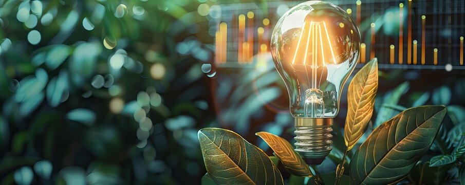 Green energy, eco energy concept. Trees growing on coin stacks symbolize green investments. A graph with renewable energy icons shows growth. AI generated illustration