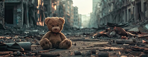 A teddy bear sitting alone in the middle of an abandoned city. AI generated illustration