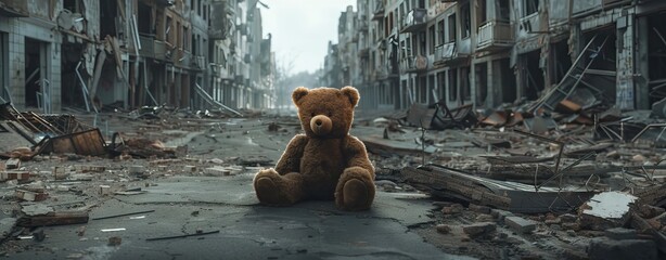 A teddy bear sitting alone in the middle of an abandoned city. AI generated illustration - obrazy, fototapety, plakaty