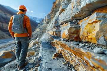 A geologist exploring rugged terrain, deciphering the geological history written in the layers of...