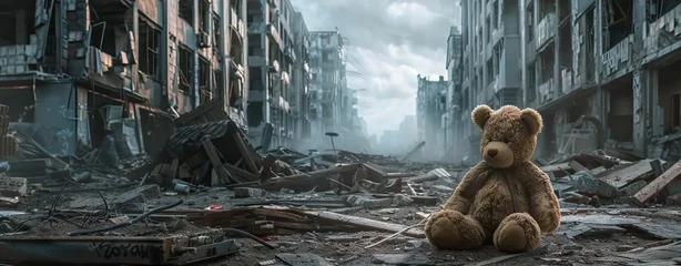 Poster A teddy bear sitting alone in the middle of an abandoned city. AI generated illustration © Fatima