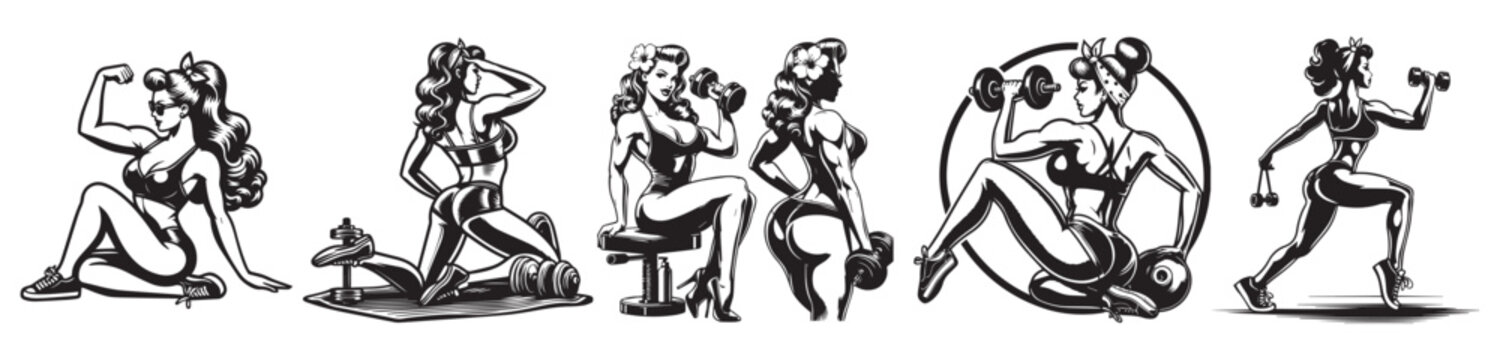 pin up style fitness girls vector set