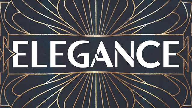text image, word &ldquo;ELEGANCE&rdquo; in bold, white letters, surrounded by symmetrical golden pattern, dark background