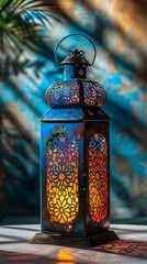 A colorful lantern sitting on top of a table. Magical Ramadan greeting card design.