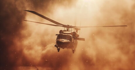 Military chopper takes off in combat and war flying into the smoke and chaos and destruction. Military concept of power, force, strength, air raid. Portrait View. AI generated illustration