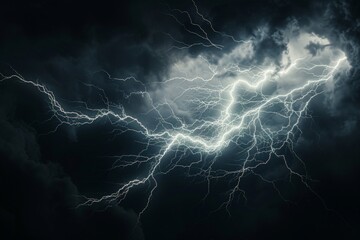 Intense lightning storm in a dark sky - obrazy, fototapety, plakaty