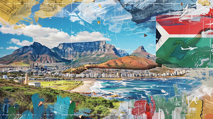 Digital collage of Cape Town and South Africa with vibrant abstract art elements and landmarks