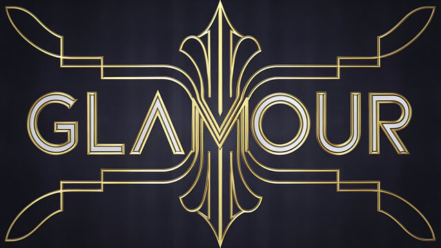 Art deco word &ldquo;GLAMOUR&rdquo; gold letters, symmetrical geometric patterns, deep navy background