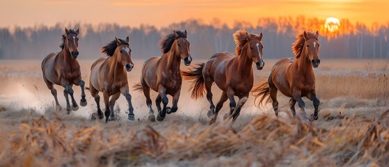 Dawn Symphony: Horses in Harmonic Motion. Concept Nature's Beauty, Equestrian Elegance, Arts in Motion