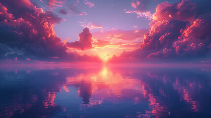 Fototapeta na wymiar A beautiful sunset over a calm body of water with a pink and purple sky