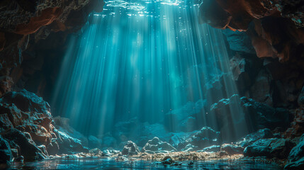 A cave with a blue light shining through it