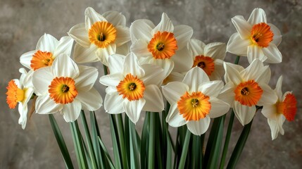 Fototapeta premium A vase holds a collection of white and orange flowers on a table, with stone and concrete walls as backdrops