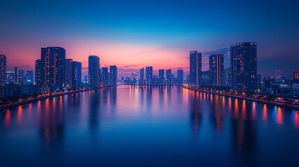  a business center at night, with a calm river flowing through the city