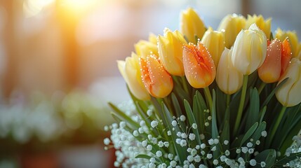   A vase filled with yellow and orange tulips and baby's breath