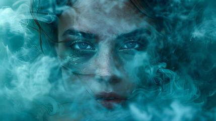 Close-up portrait of a woman surrounded by blue and green smoke, representing the concept of mental health.