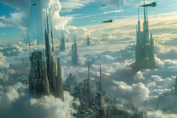 Futuristic Skyline Above the Clouds with Flying Vehicles