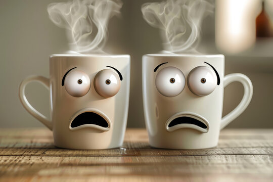 Two googly-eyed coffee cups engaged in a cheerful conversation, steam rising between them as they share a caffeine-infused chat, cartoon