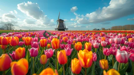  sprawling field of tulips, with a wooden windmill in the distance © olegganko