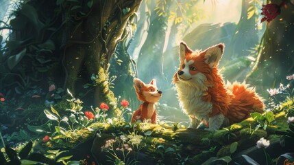 Naklejka premium Fox and Cub Amidst Trees in Forest
